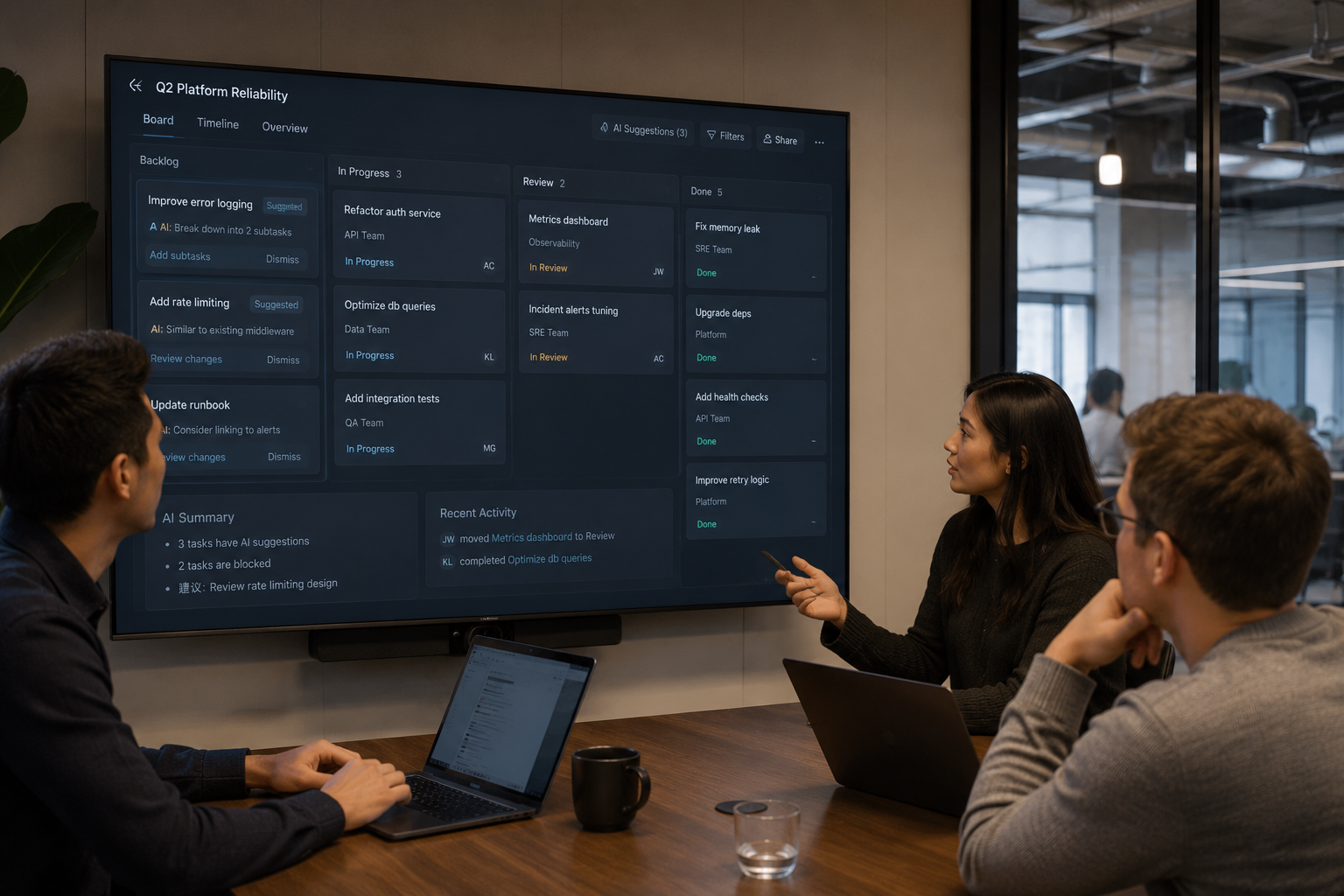 A small team reviewing AI-proposed task changes and status updates on a project board