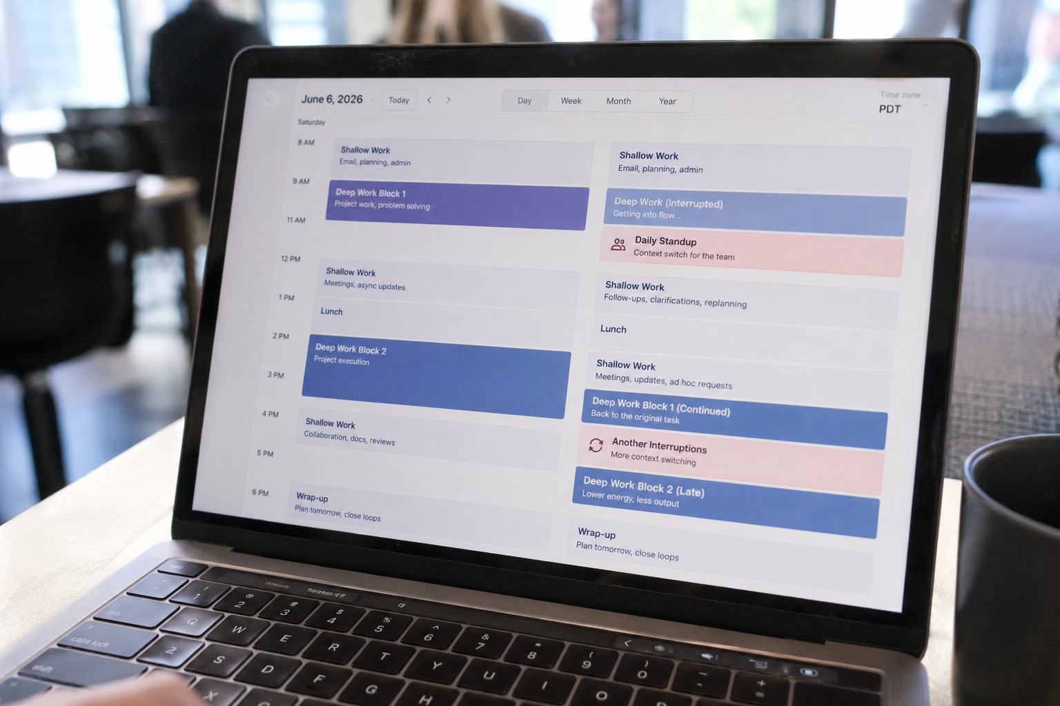 A workday calendar fragmented by a mid-morning daily standup that breaks up deep-work blocks